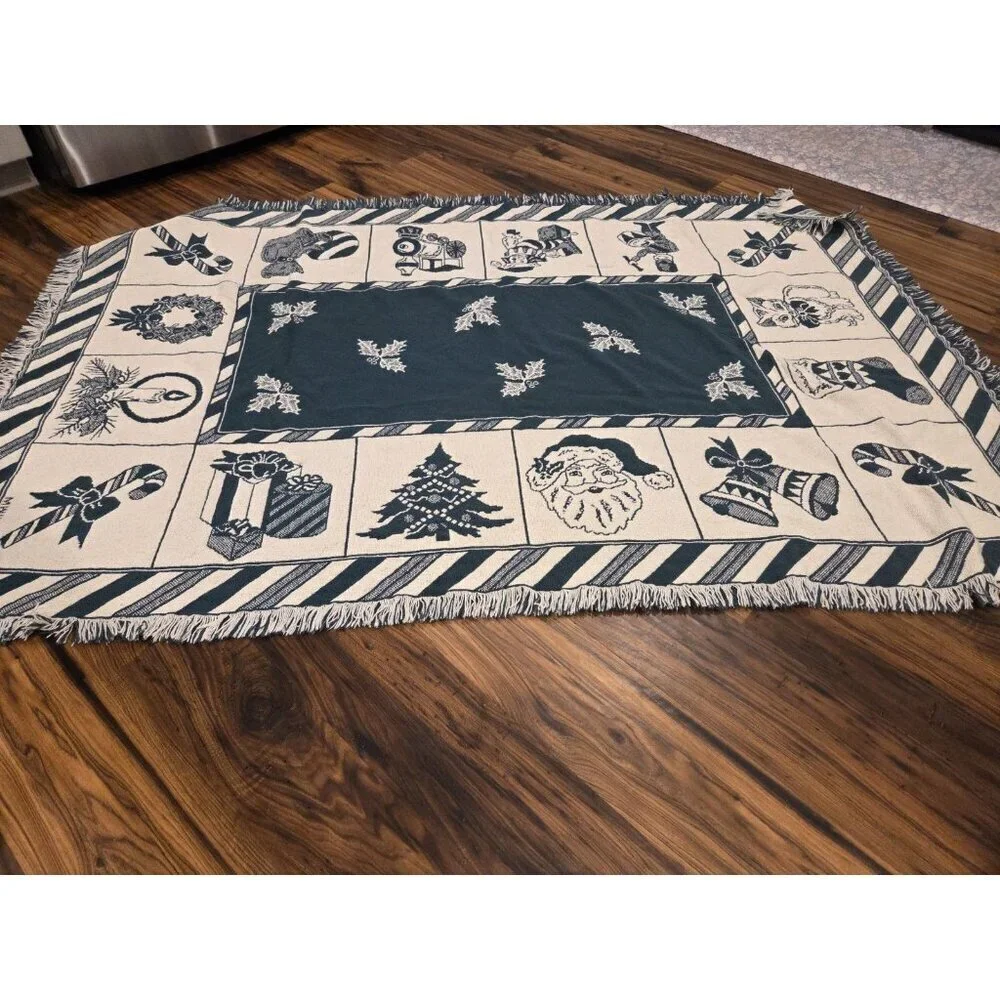 Vtg Christmas Woven Tapestry Throw Blanket With Fringes Reversible 47x71